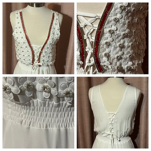 Monaco Boho-Style White M Maxi Dress Pearl Lace High-Low Corset Made in France - Picture 10 of 16